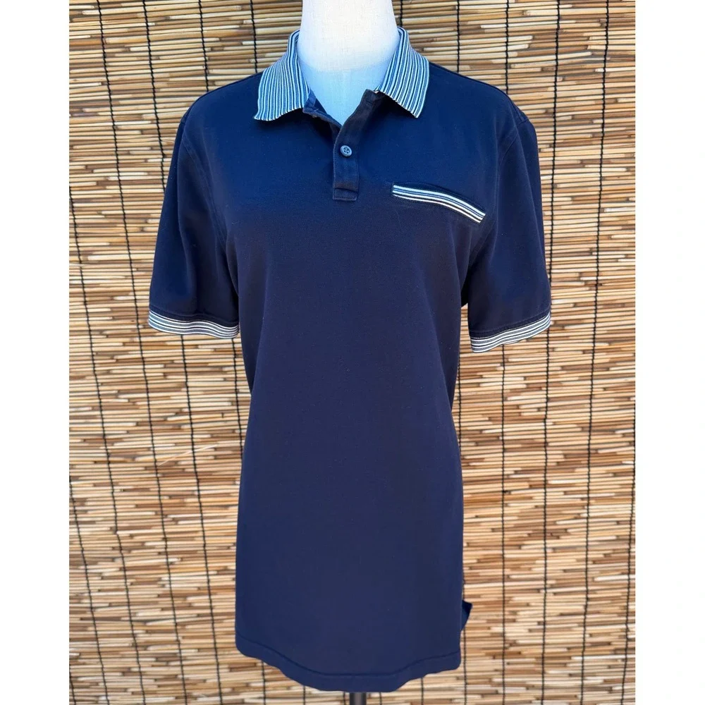 Banana Republic Mens Large‎ Tall Navy Blue Striped Collar Pique Polo Shirt L T